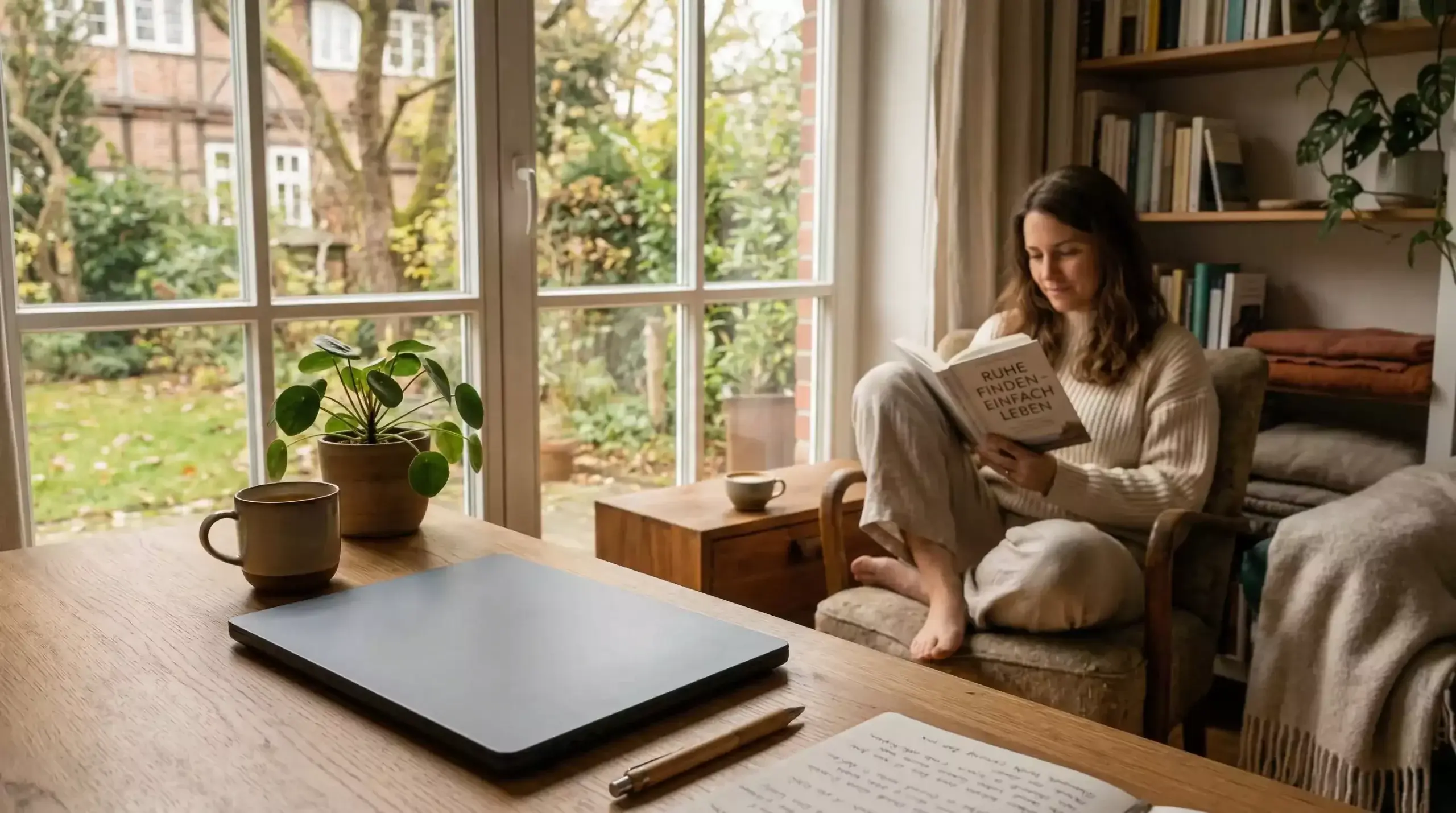 Ausgewogener Arbeitsplatz mit geschlossenem Laptop symbolisiert gesunde Work-Life-Balance