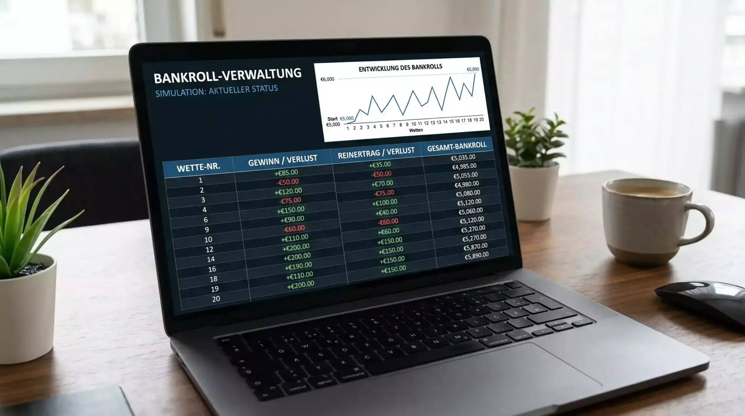 Excel-Tabelle zeigt Bankroll-Entwicklung über viele simulierte Wetten
