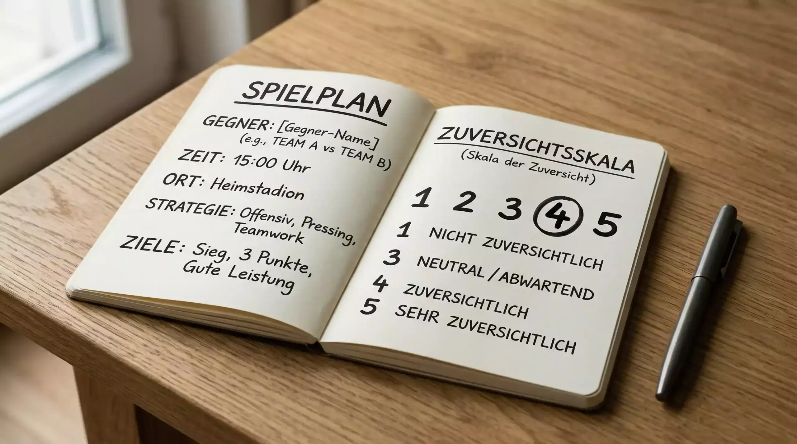 Notizbuch mit Einsatzplanung und Konfidenzskala für verschiedene Spiele