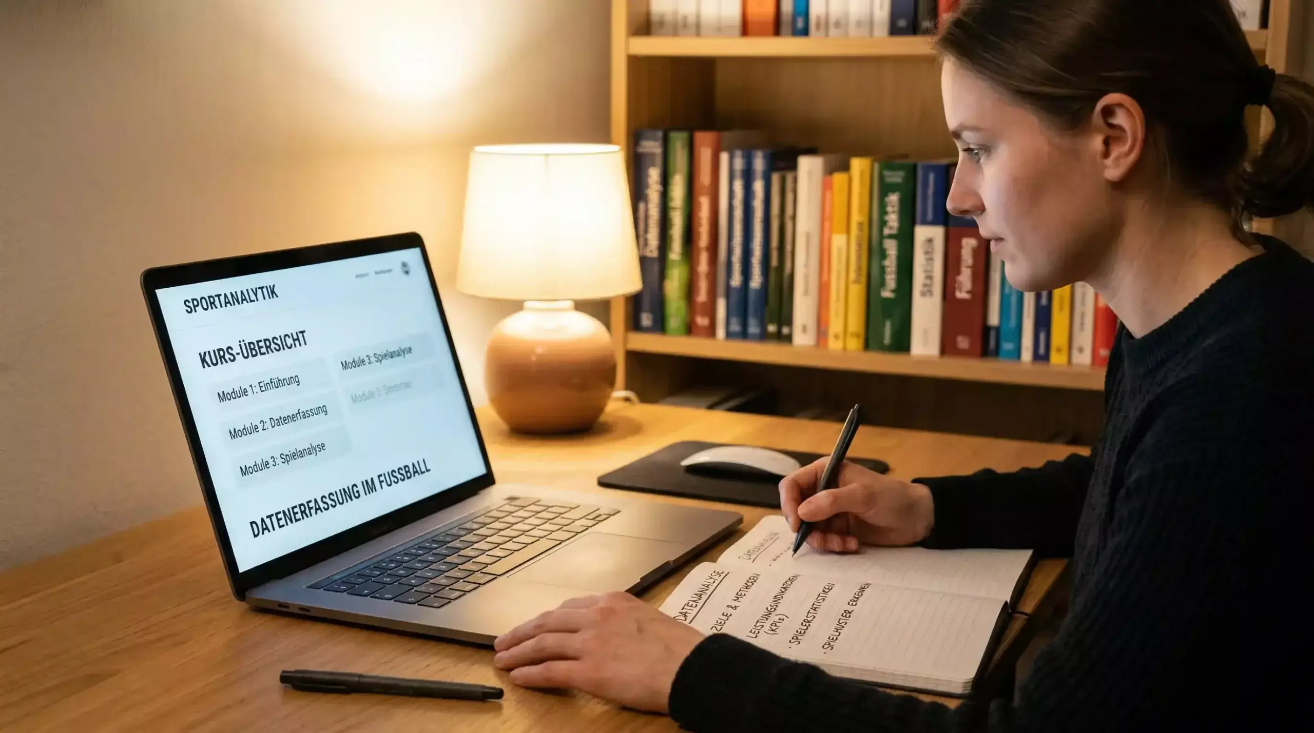 Person lernt mit Laptop und Notizbuch über Sportwetten-Strategien