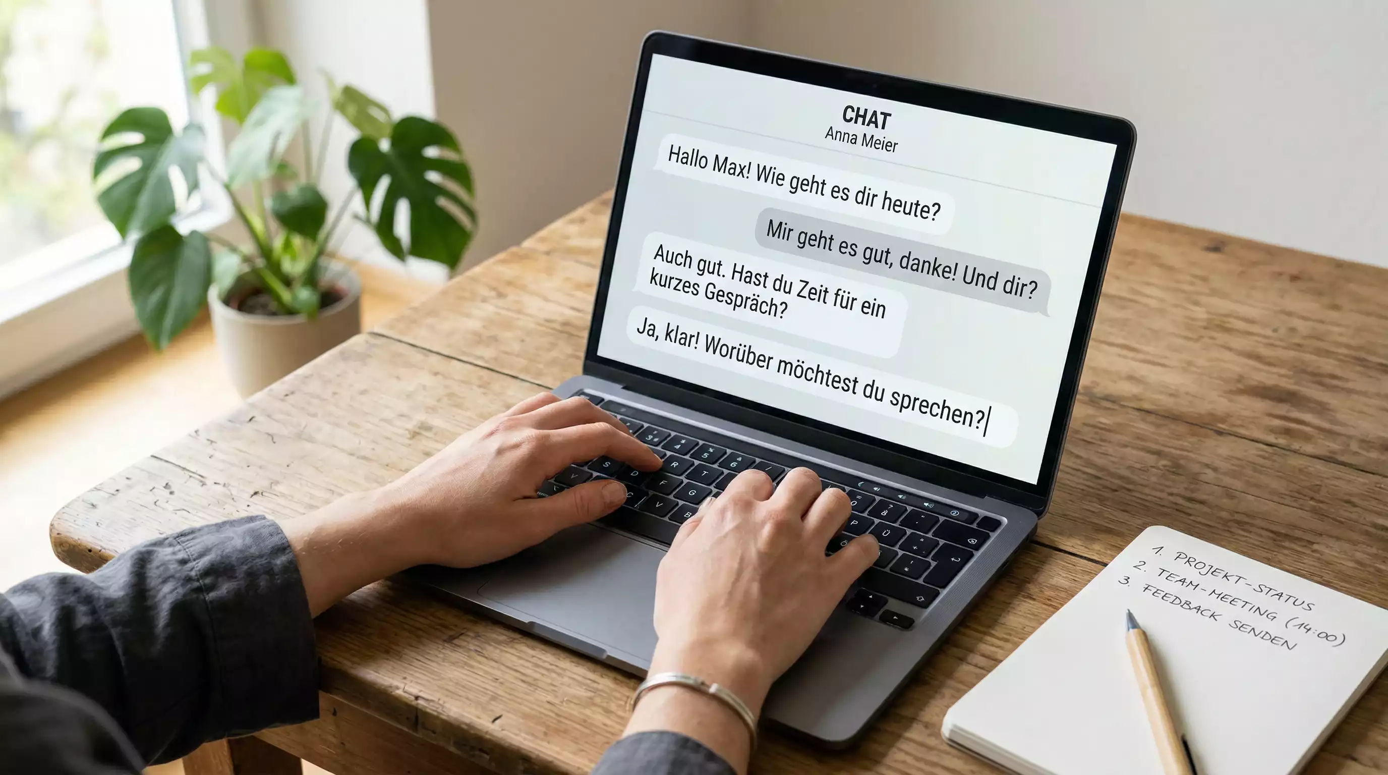 Laptop mit Chat-Interface und Notizblock auf einem Schreibtisch