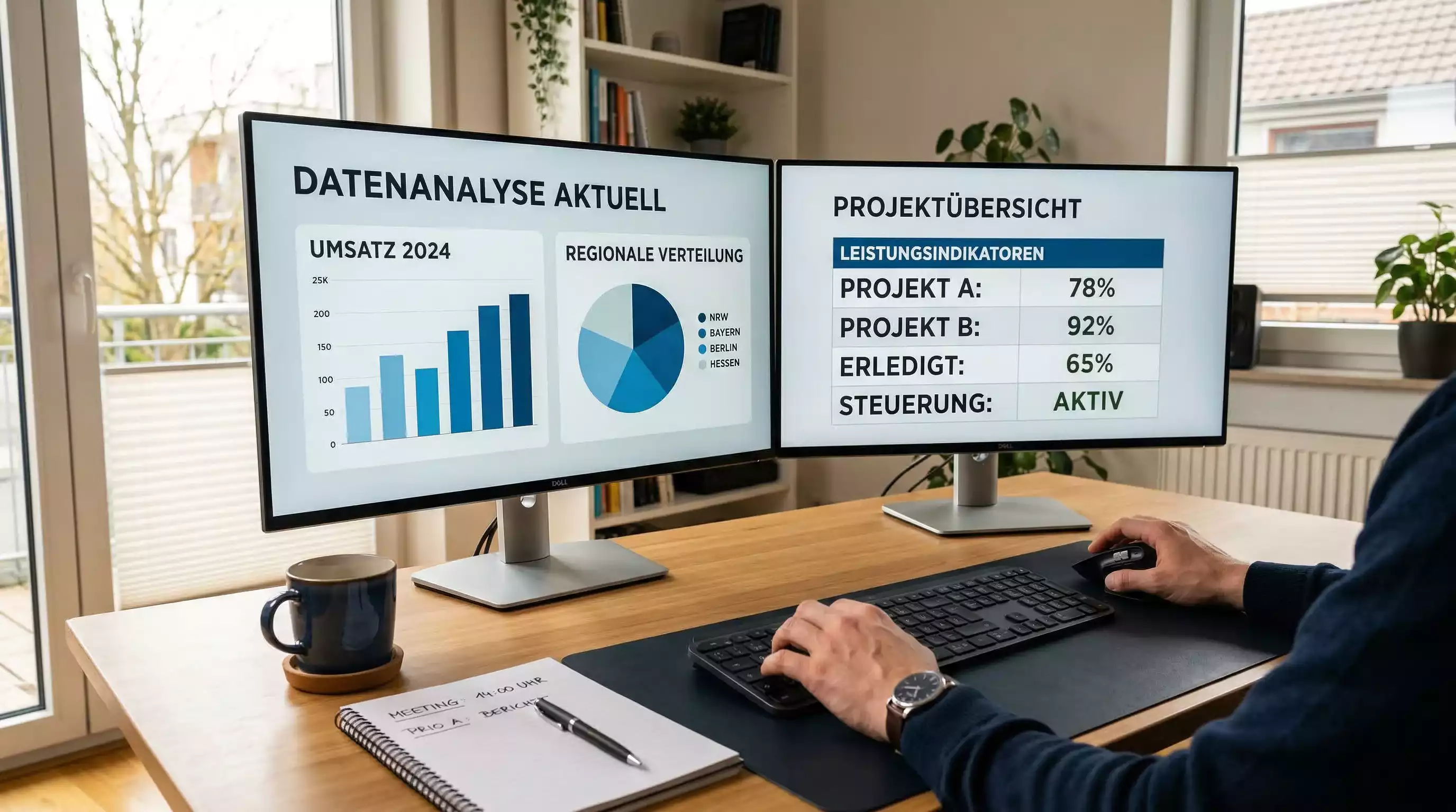 Dual-Monitor-Setup mit Tabellenkalkulation und Statistik-Website