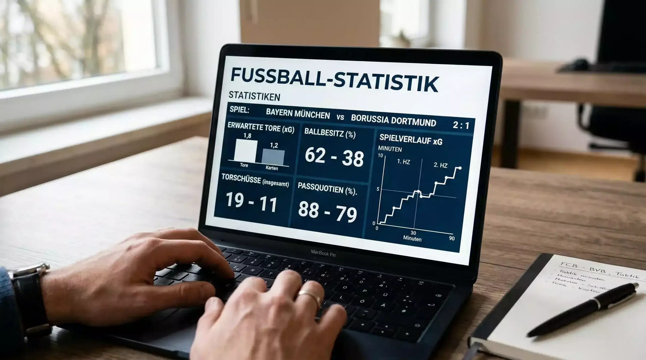 Laptop-Bildschirm mit Fußball-Statistikportal und xG-Daten