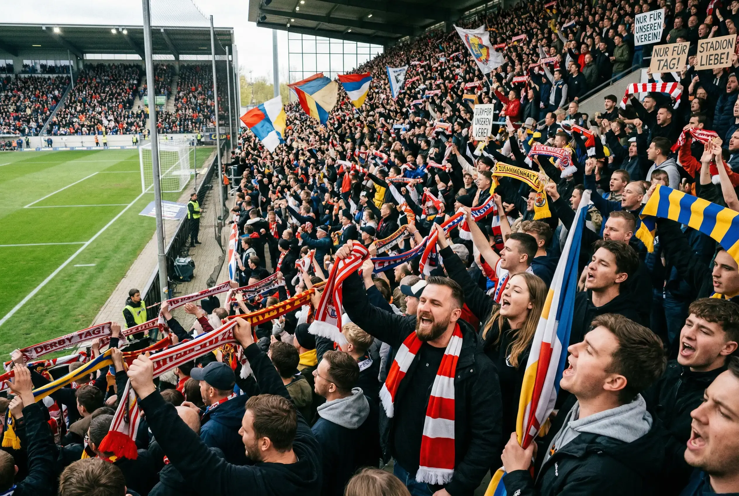 Volle Fantribüne im Stadion mit Choreografie beim Lokalderby