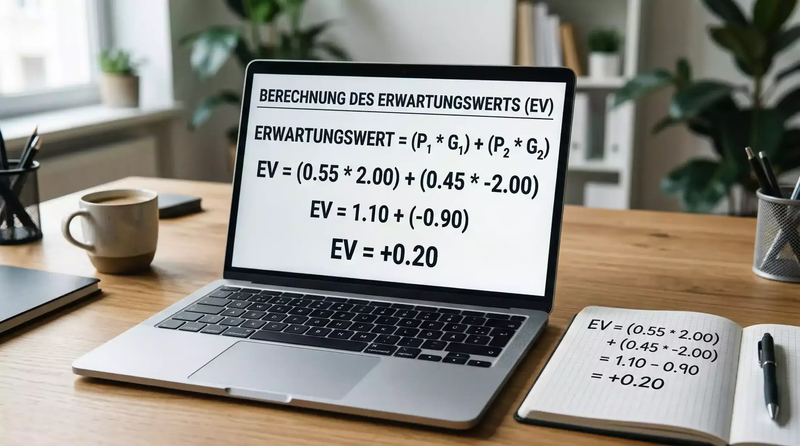 Laptop zeigt Erwartungswert-Berechnung mit Formeln und Beispielrechnung