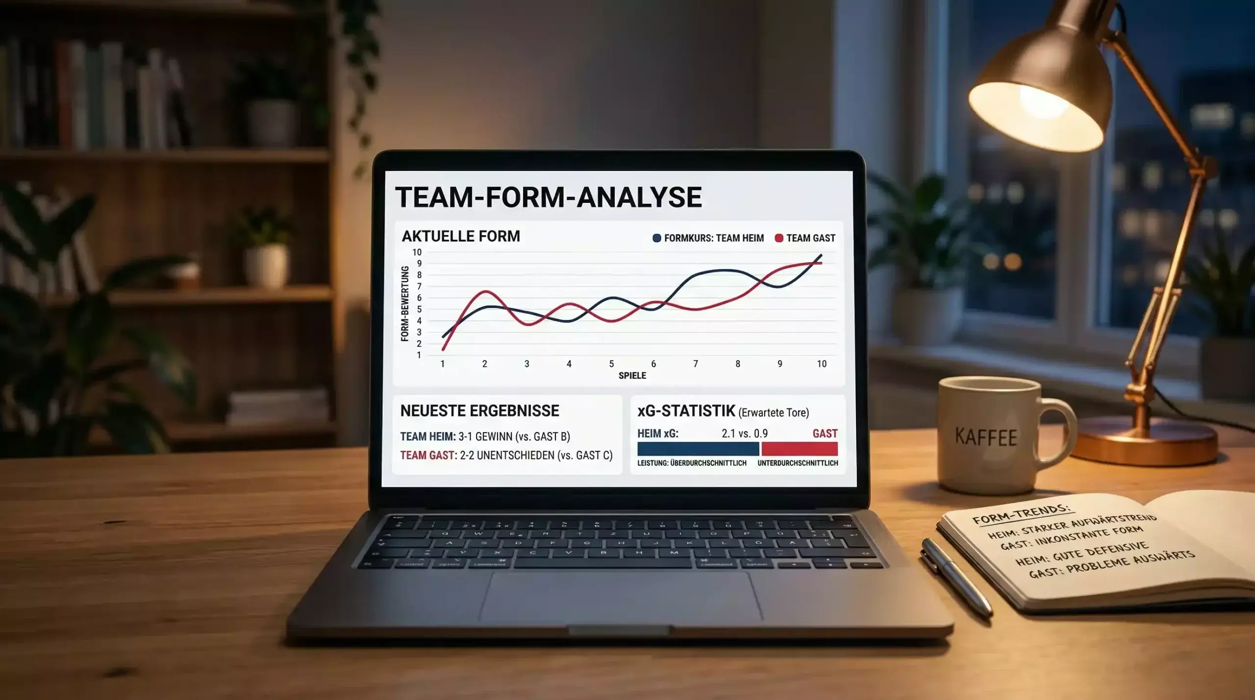 Laptop zeigt Formkurven und Leistungsdaten für Fußballmannschaften