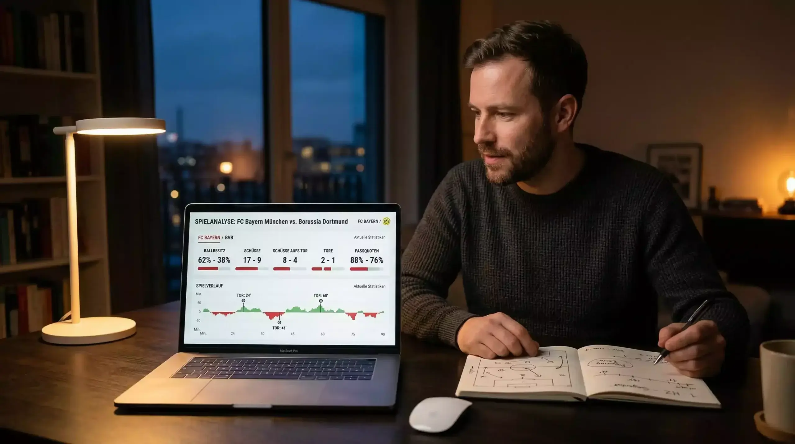 Abendliche Analyse des Freitagsspiels am Laptop mit Stadionbeleuchtung im Hintergrund