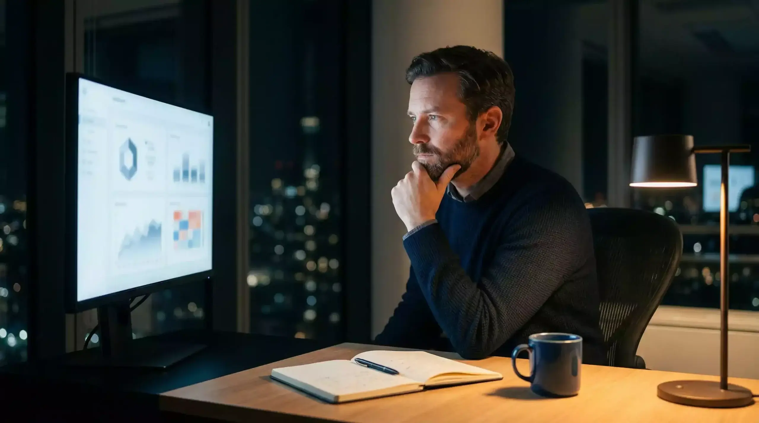 Professioneller Analyst bei der Datenanalyse am Schreibtisch mit Bildschirm