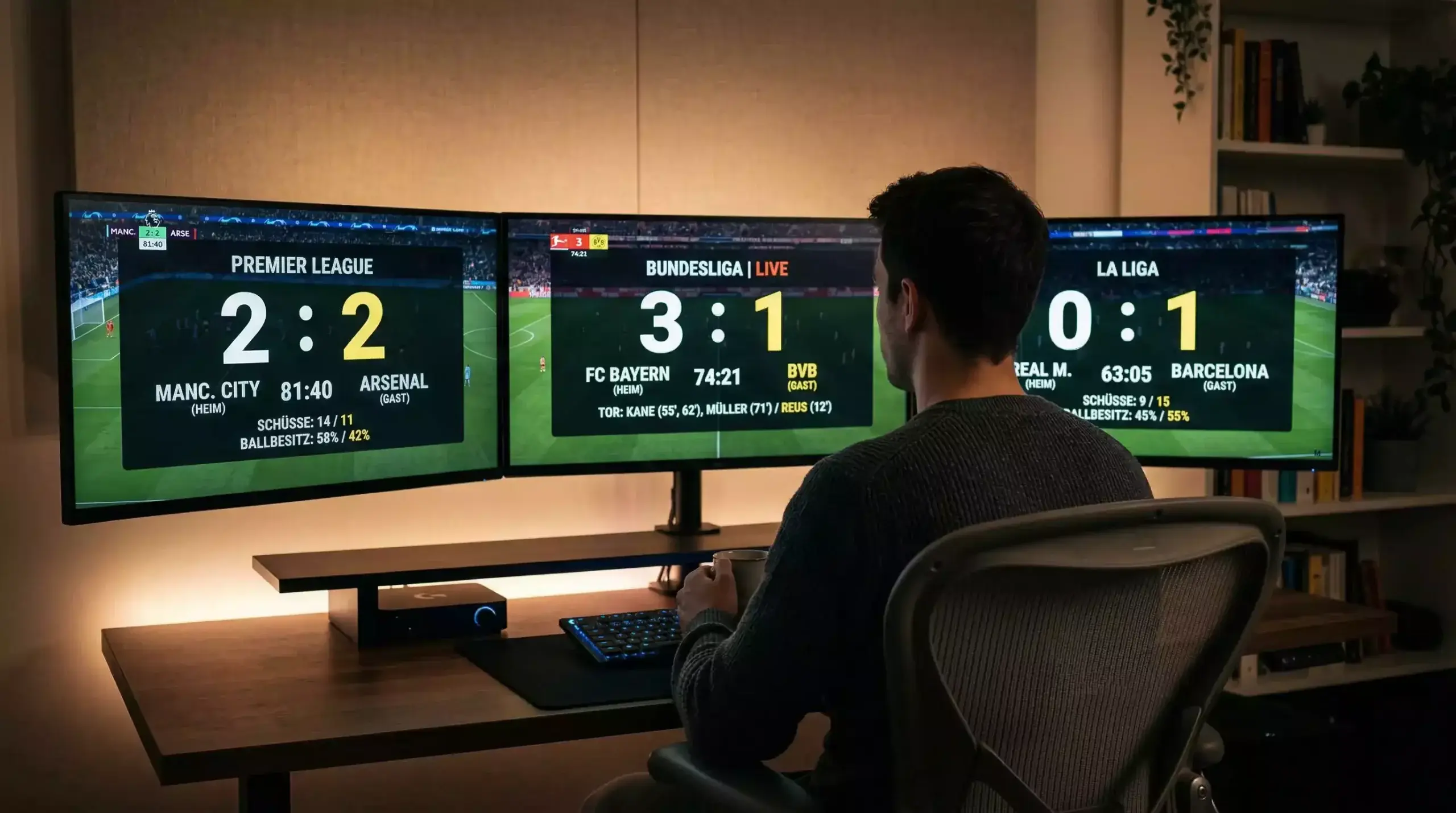 Mehrere Bildschirme zeigen parallel laufende Spiele aus verschiedenen europäischen Ligen