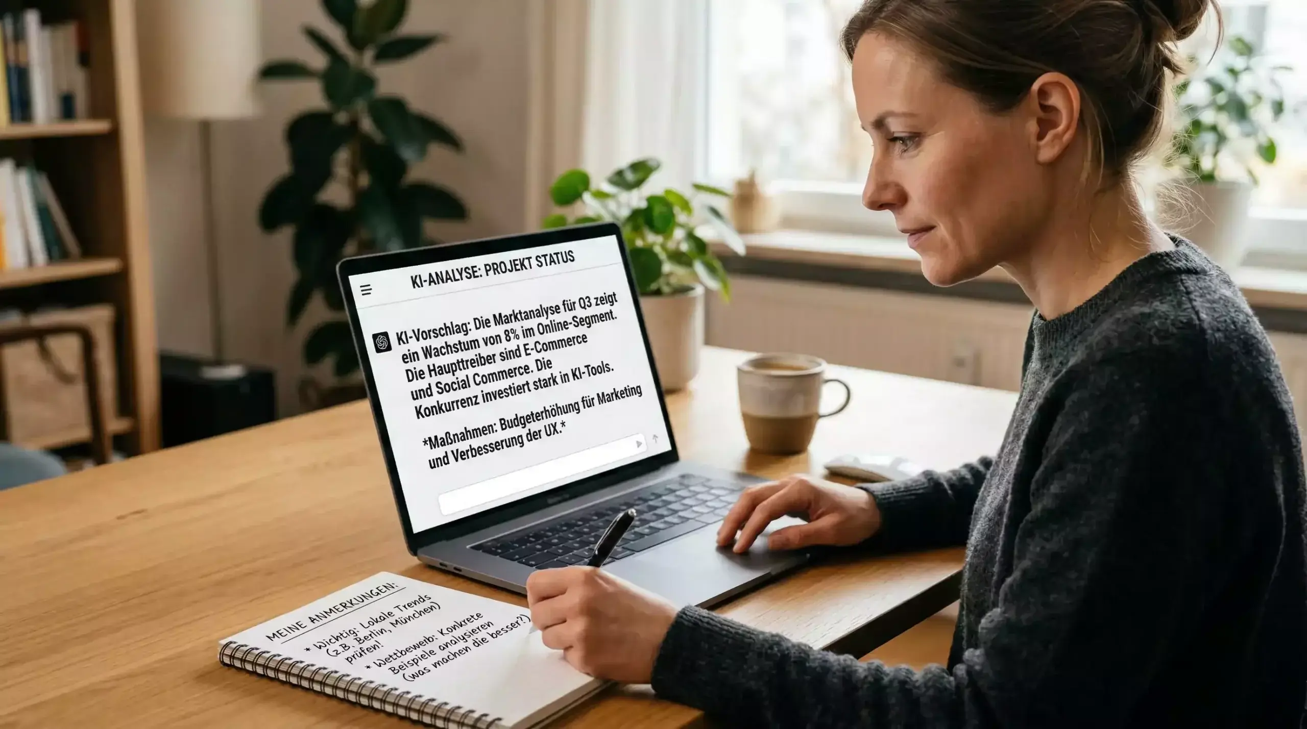 Laptop zeigt KI-gestützte Analyse neben handschriftlichen Notizen des Analysten