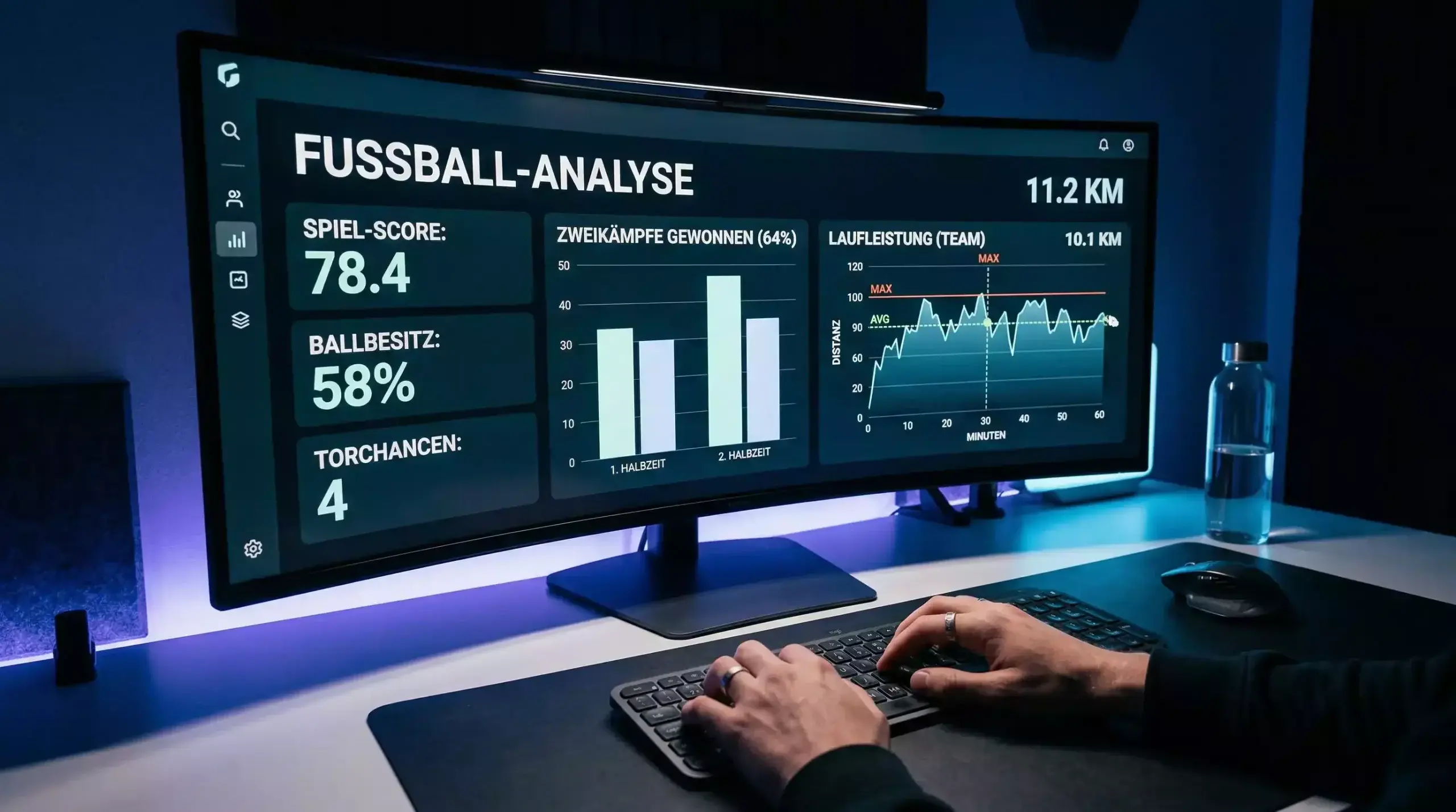 Futuristischer Arbeitsplatz mit modernen KI-Analysetools für Sportwetten