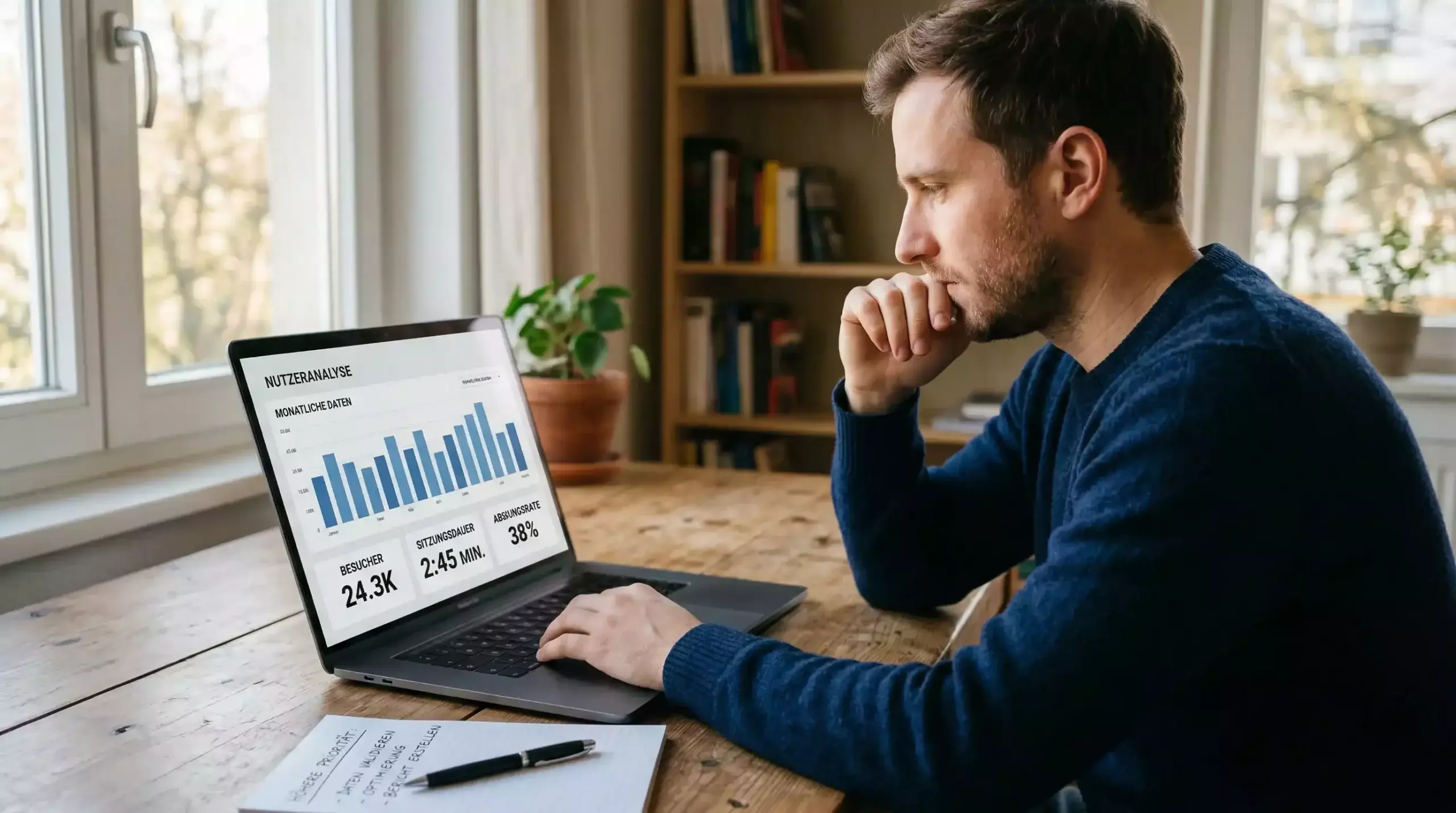 Person arbeitet konzentriert am Laptop und kombiniert eigenes Wissen mit KI-Analyse