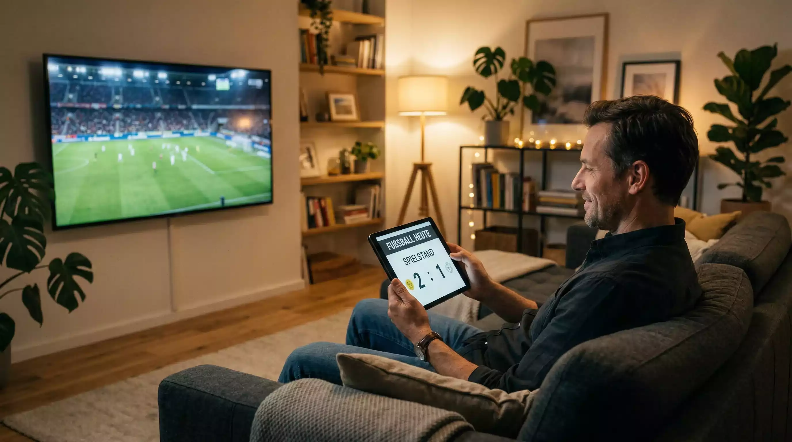 Person schaut Fußballspiel im Fernsehen während sie ein Tablet überprüft