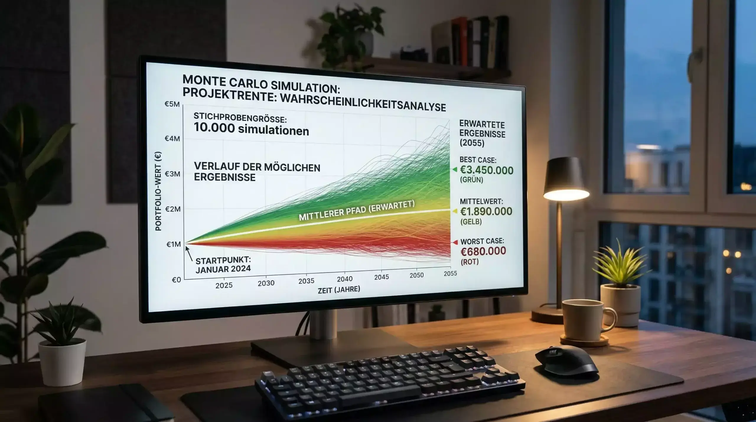 Visualisierung von tausenden Simulationsdurchläufen mit verschiedenen möglichen Ergebnissen