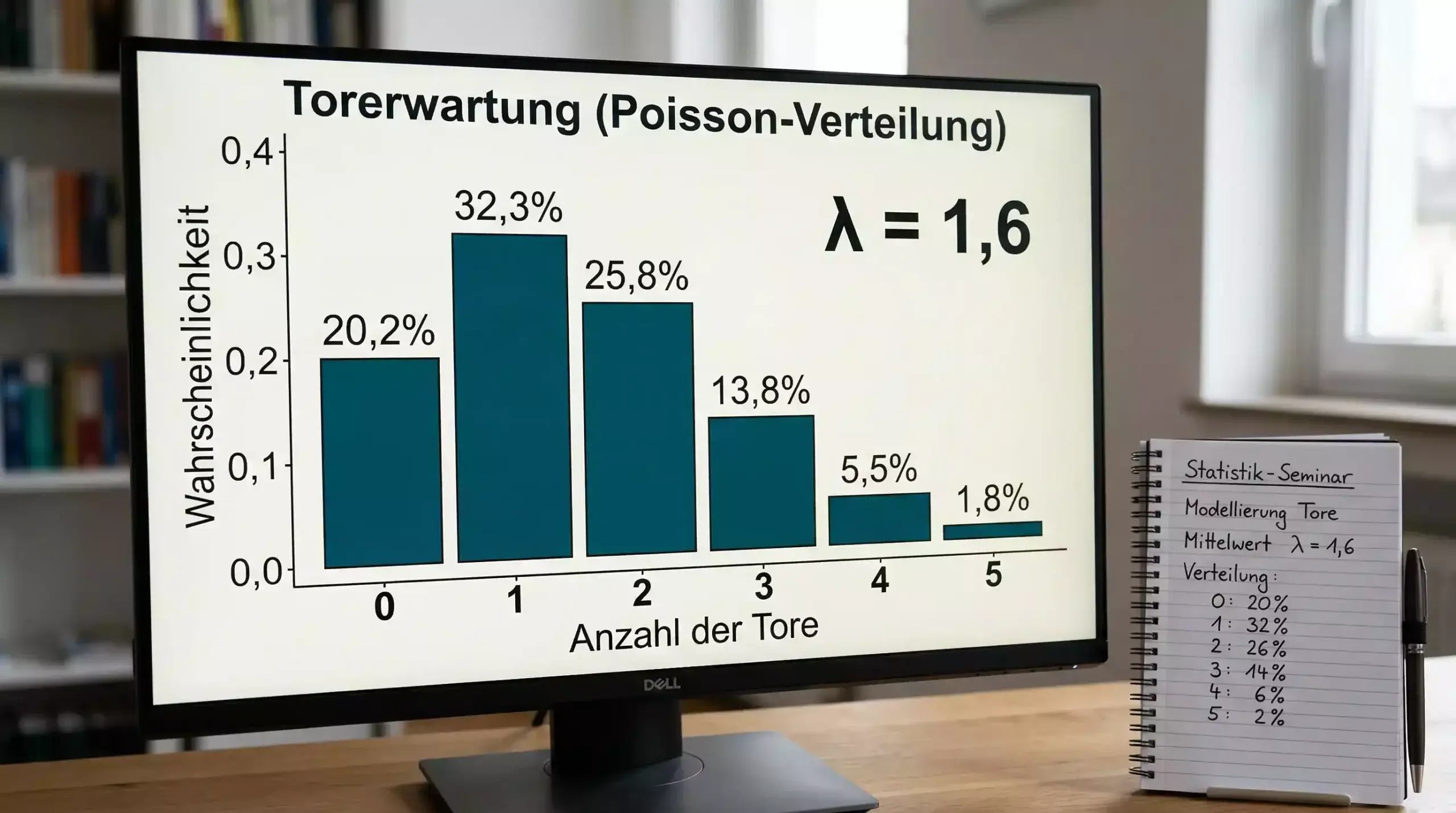 Grafische Darstellung der Poisson-Verteilung für erwartete Tore eines Teams