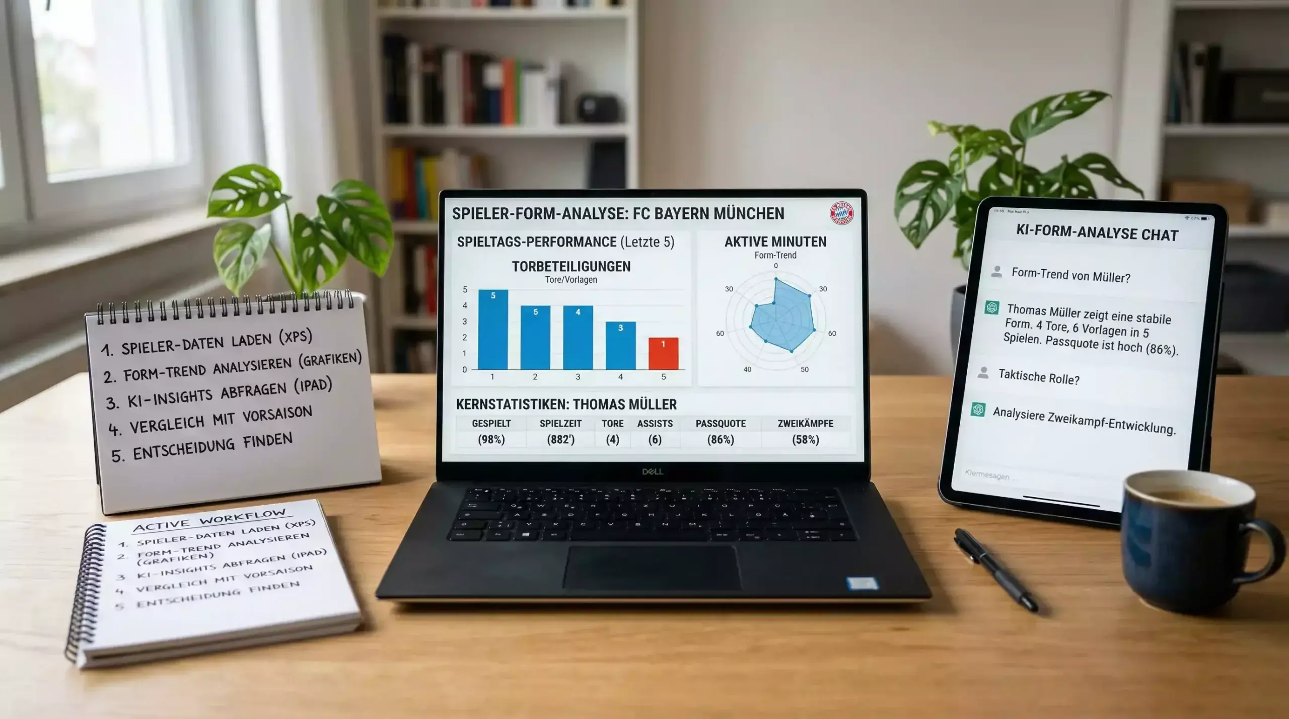 Kompletter Arbeitsplatz für Formanalyse mit Laptop und Notizen