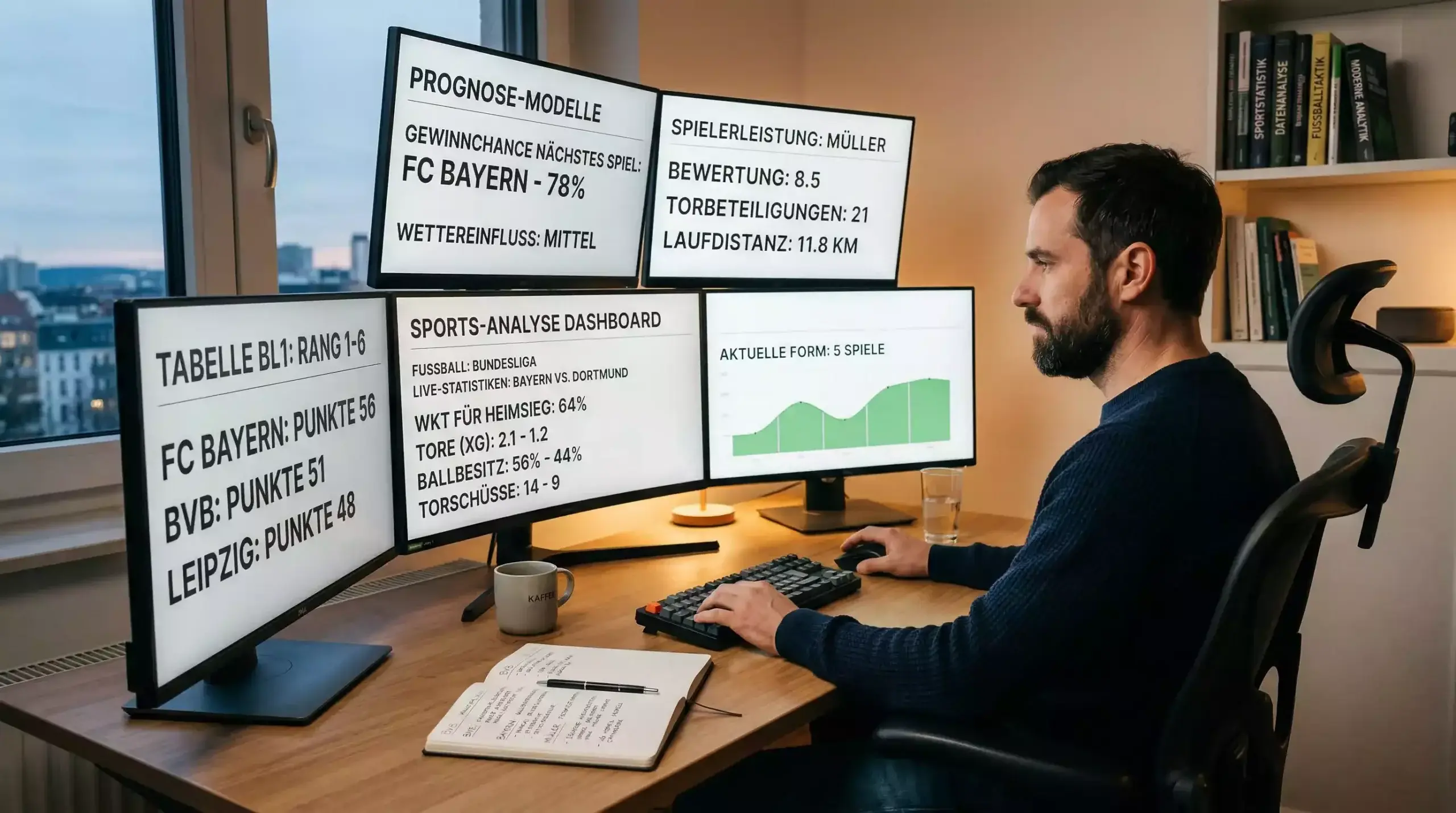 Professioneller Arbeitsplatz für systematische Wettanalyse mit mehreren Monitoren