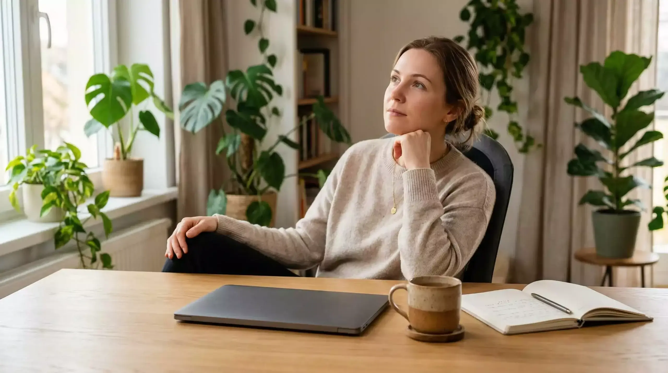 Ruhiger Arbeitsplatz mit Kaffeetasse und Notizbuch für konzentrierte Wettanalyse