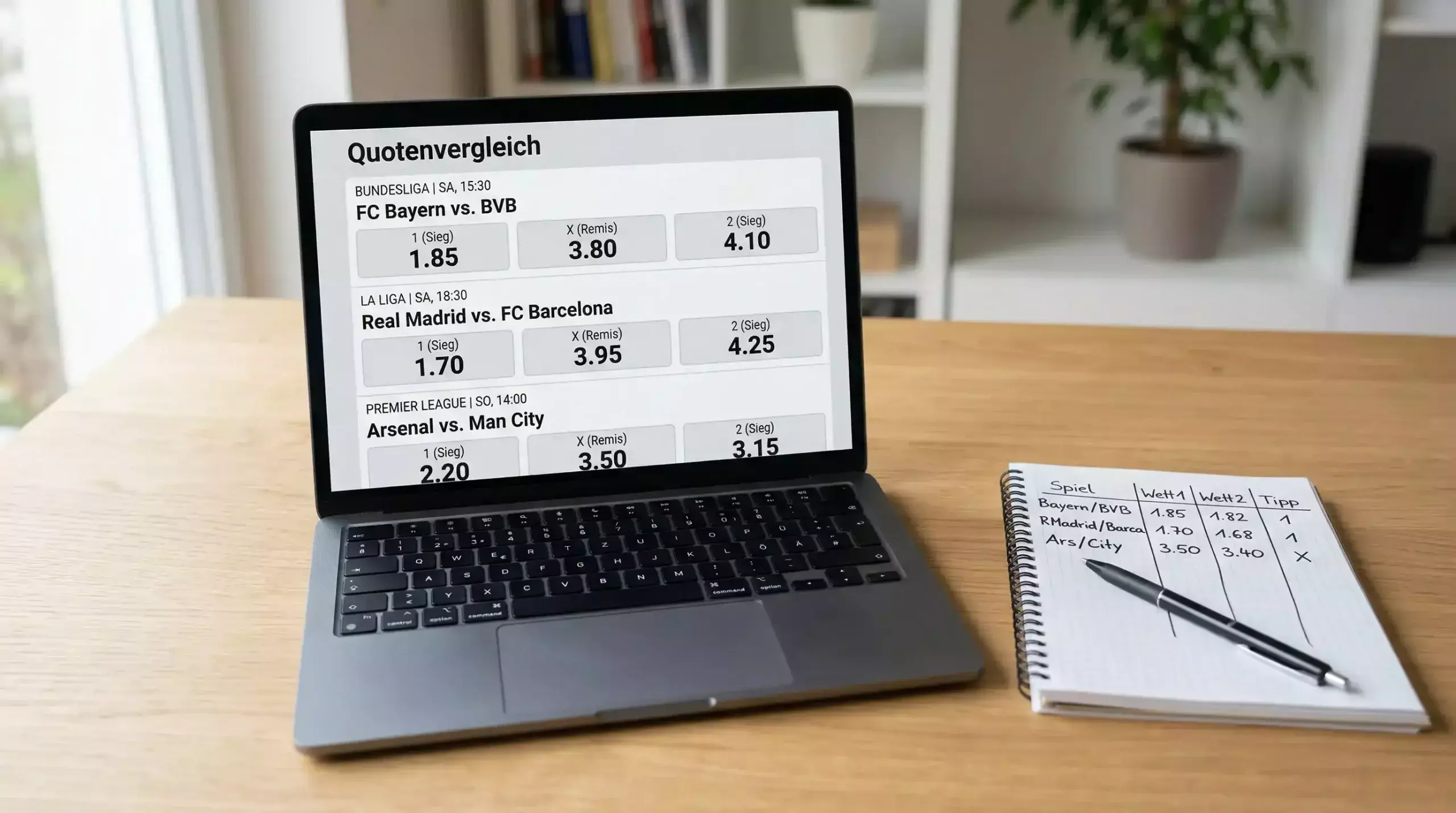 Laptop-Bildschirm mit Quotenvergleich und Value-Berechnung für mehrere Spiele
