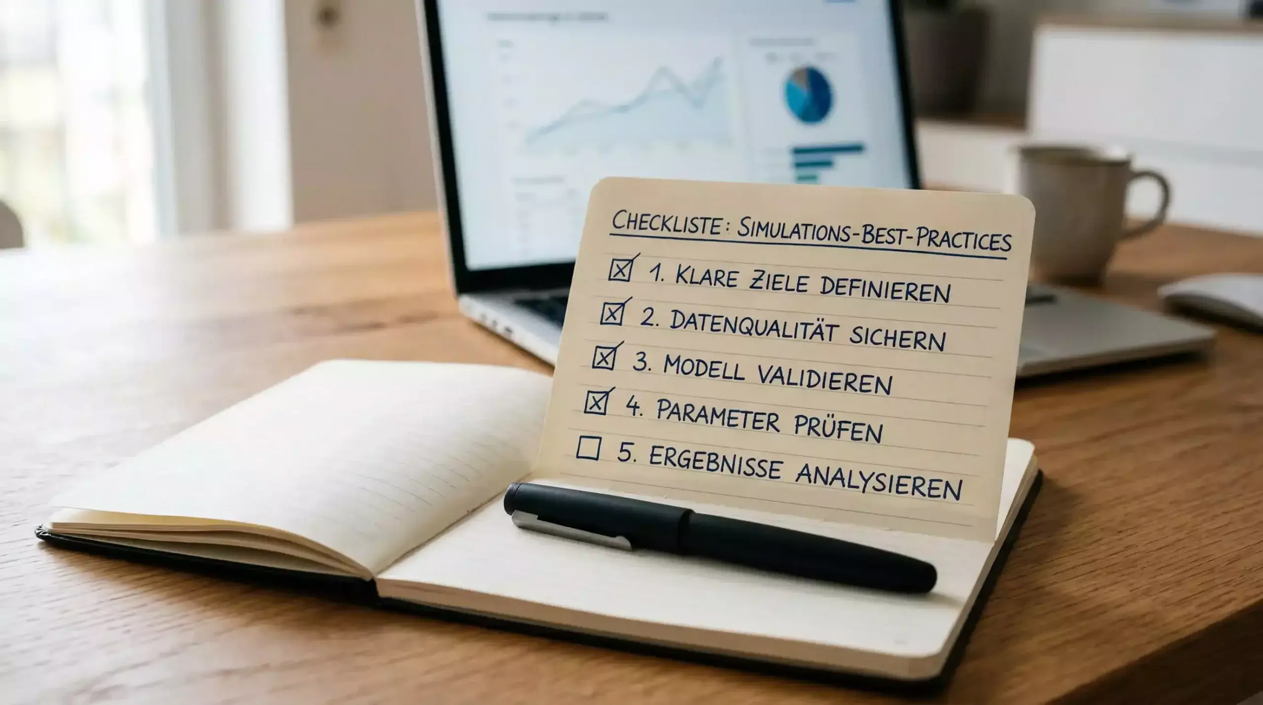 Checkliste mit Best Practices für Monte-Carlo-Simulationen auf einem Notizblock