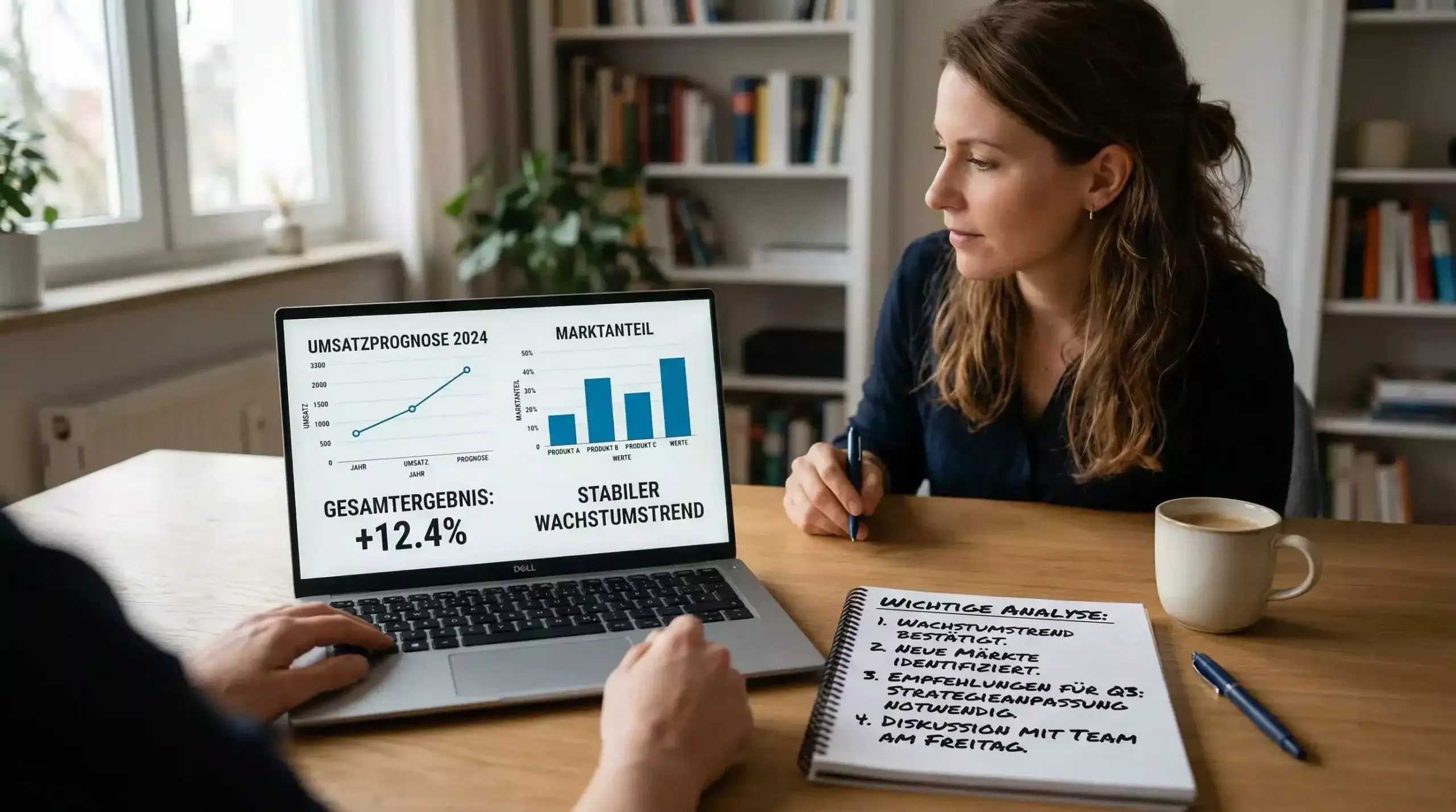Laptop mit Simulationsergebnissen neben Notizbuch mit handschriftlichen Analysen