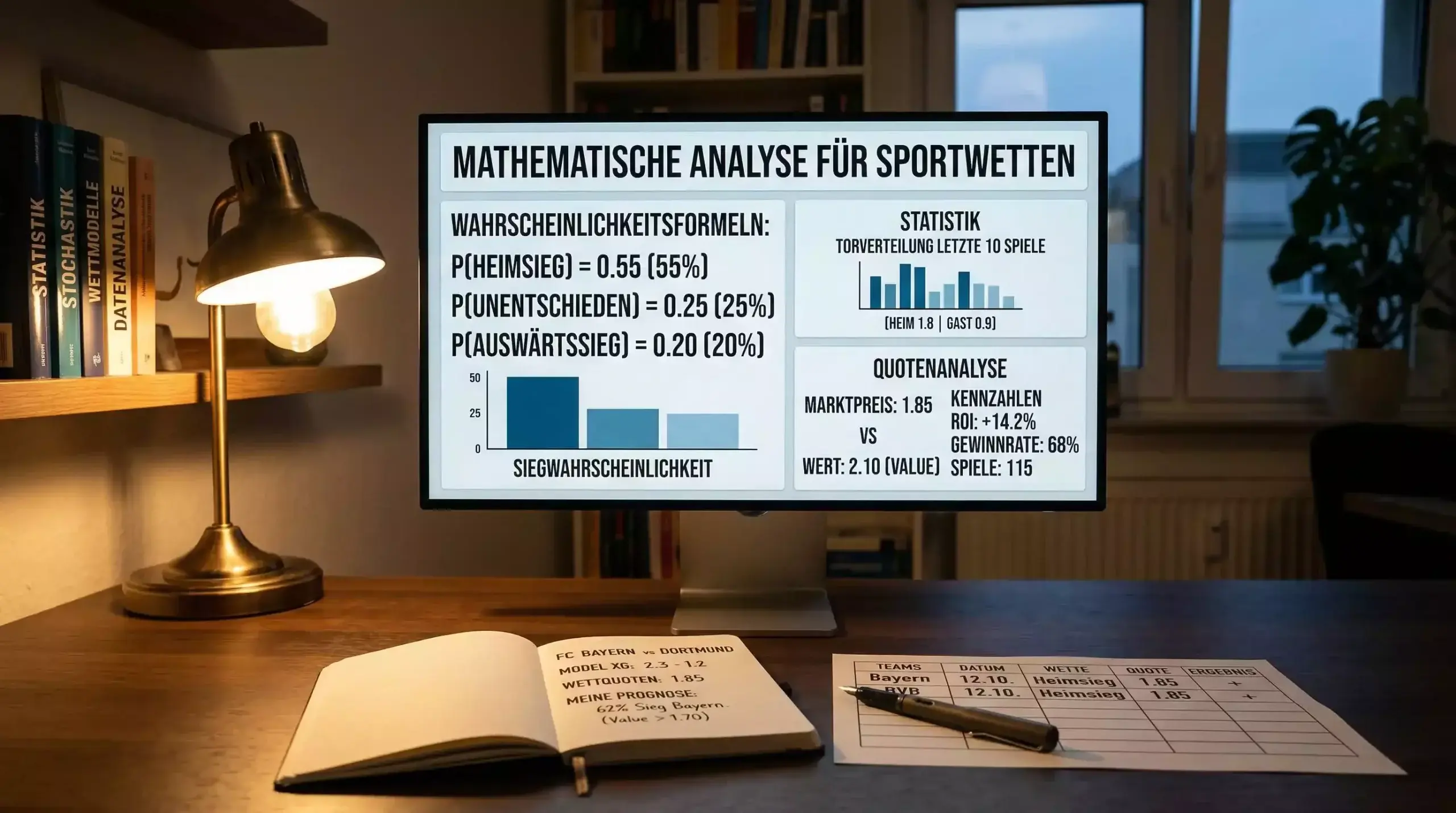 Mathematische Formeln und Wahrscheinlichkeitsberechnungen auf einem Arbeitsplatz für Wettanalyse