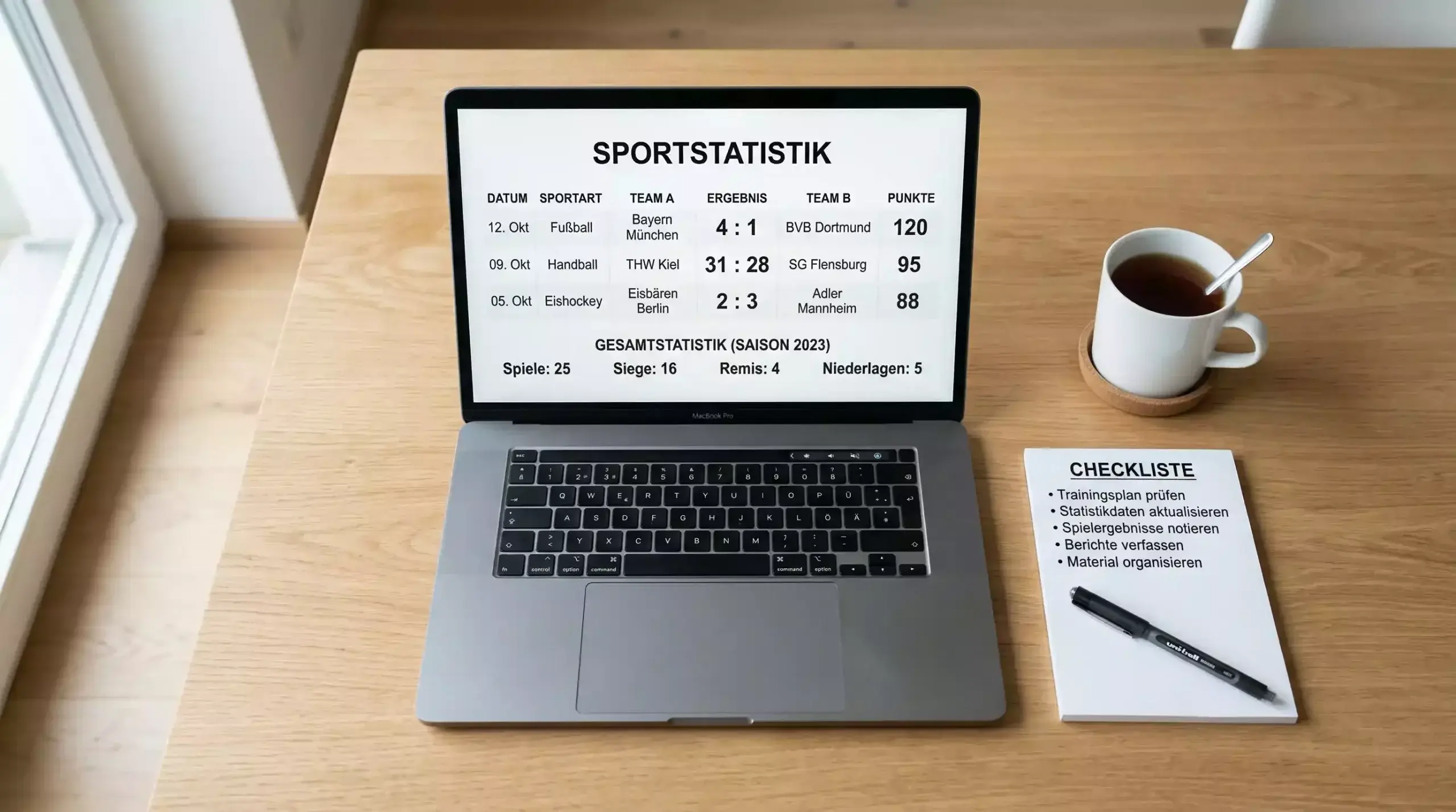 Aufgeräumter Schreibtisch mit Laptop und Notizen für systematische Spielanalyse