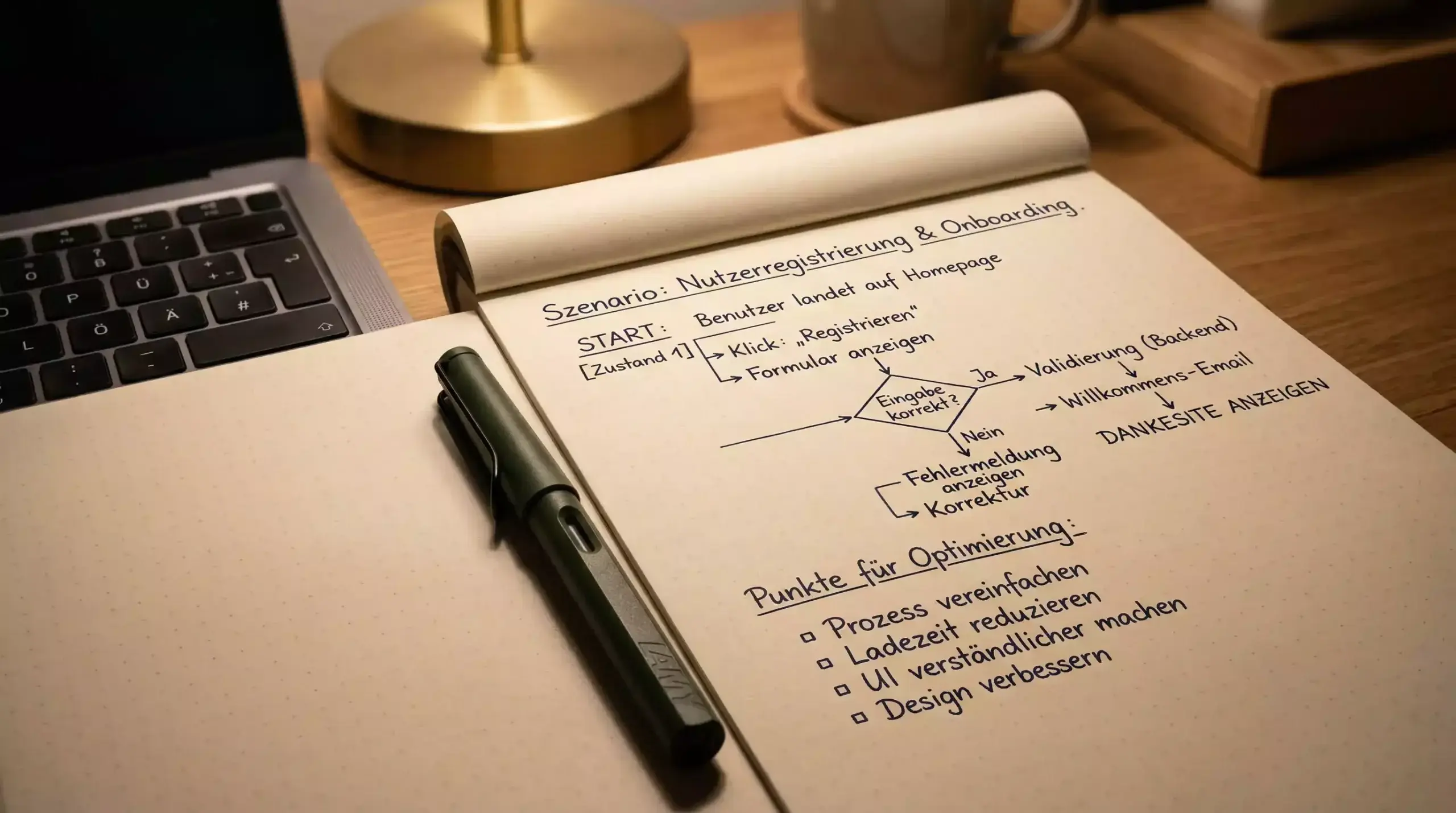 Notizbuch mit verschiedenen Spielszenarien und Entscheidungsbäumen
