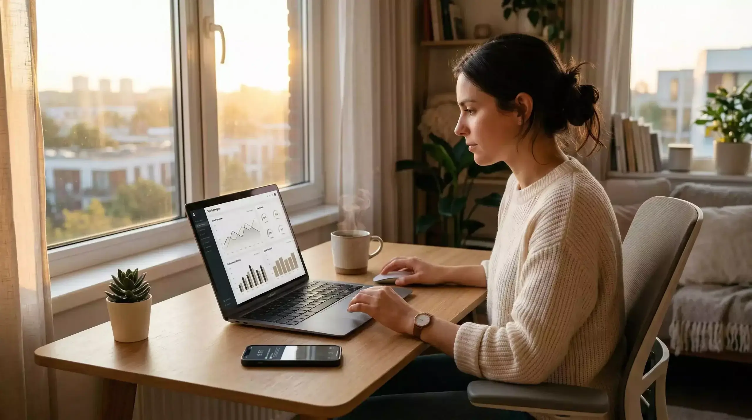 Person am Schreibtisch mit Laptop und Smartphone beim morgendlichen Sportwetten-Check