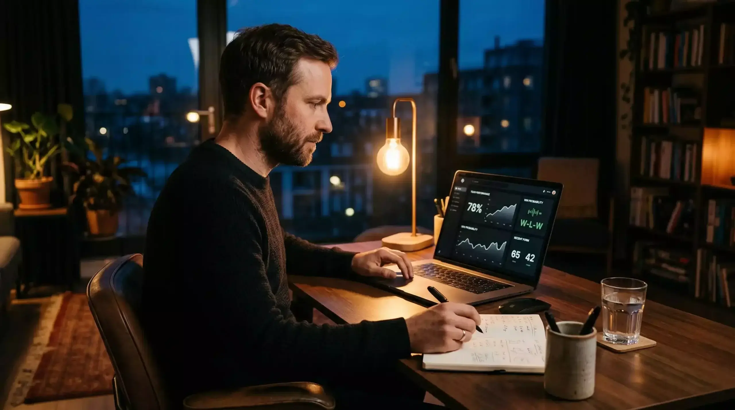 Person bei abendlicher Sportwetten-Analyse am Laptop mit gedämpftem Licht