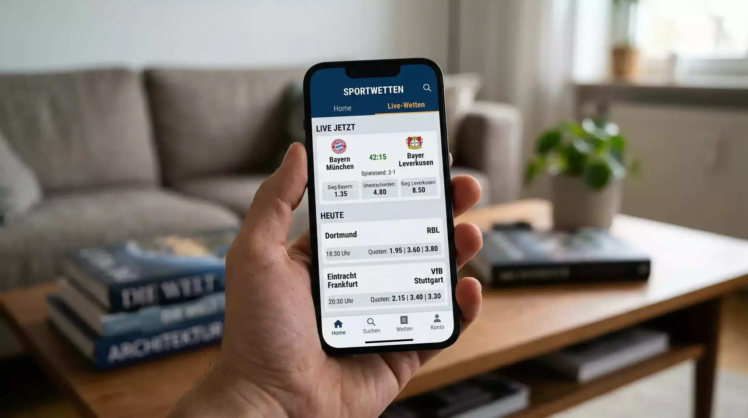 Smartphone mit geöffneter Sportwetten-App und Quotenansicht in der Hand