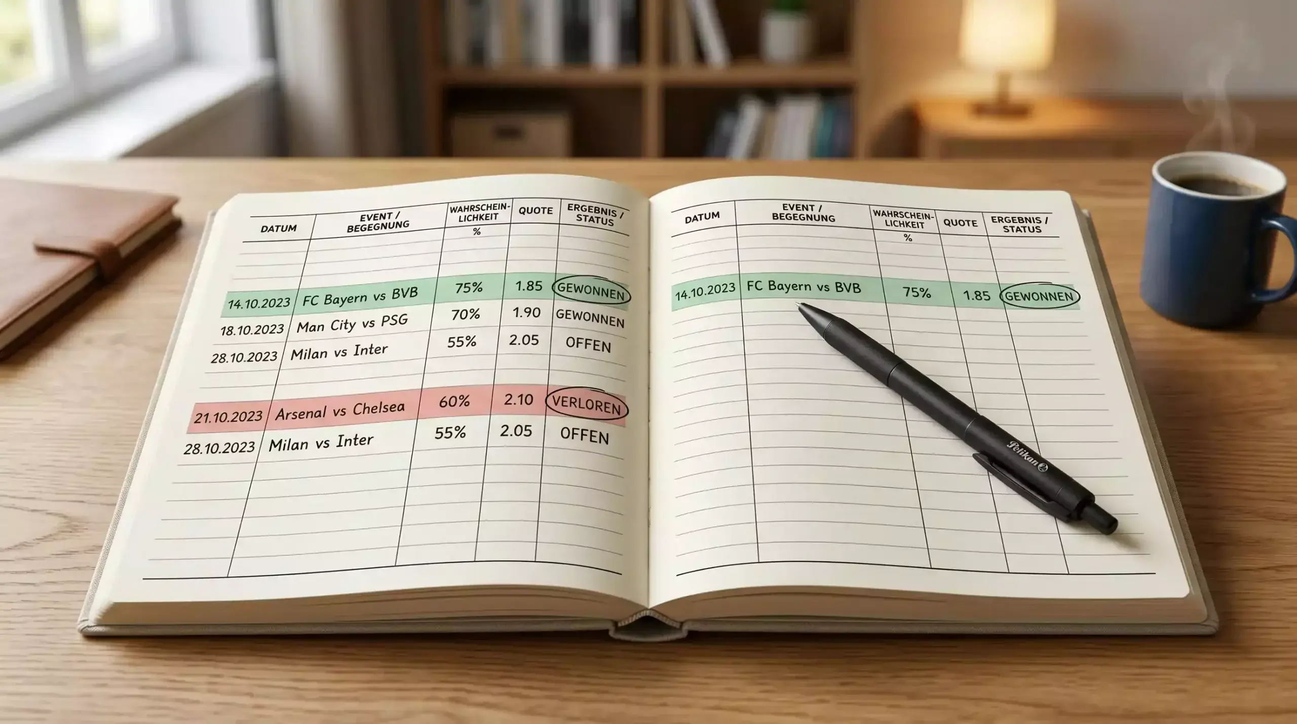 Detailliertes Wetttagebuch mit Analysen, Ergebnissen und Leistungsstatistiken