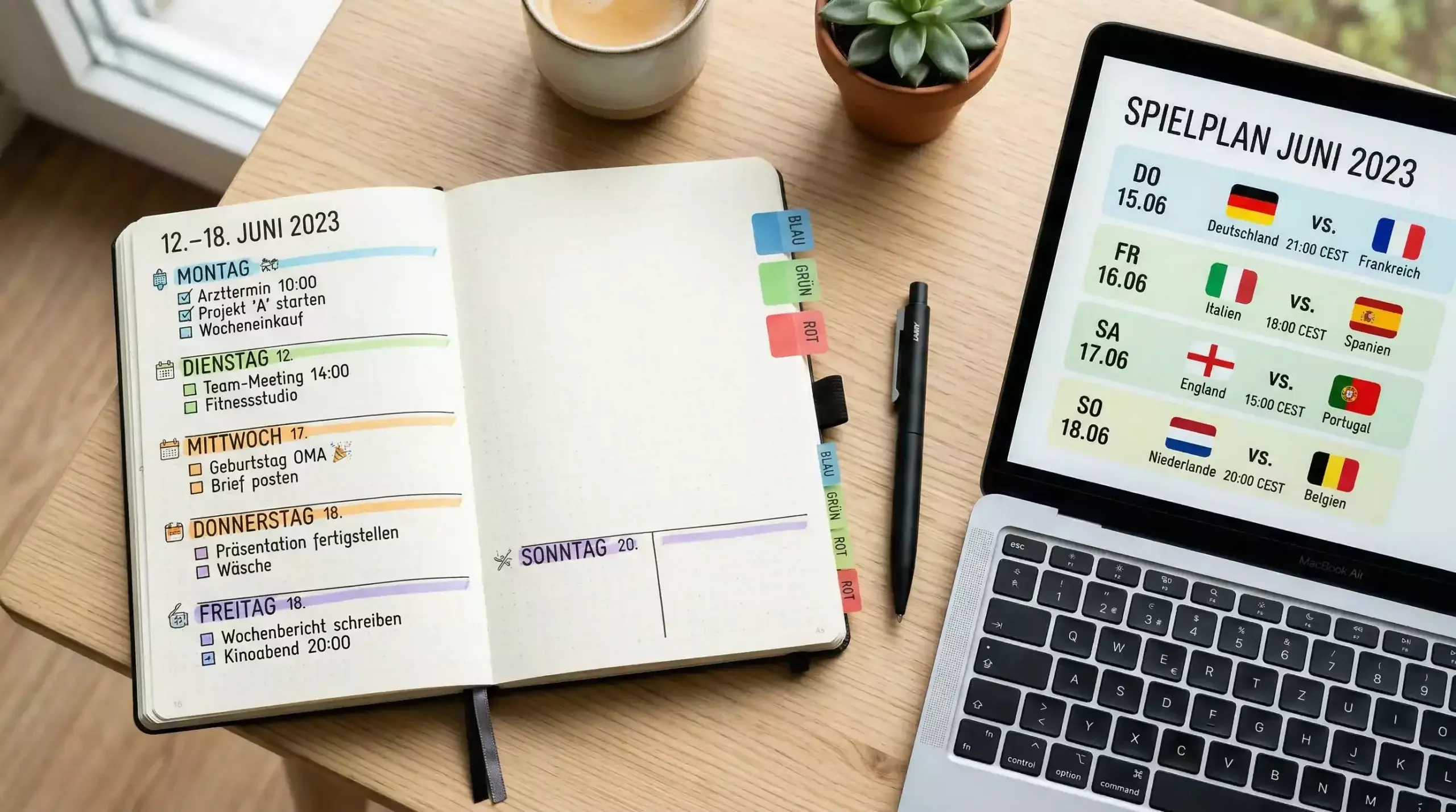 Wochenübersicht mit markierten Spieltagen und Analysezeiten auf dem Schreibtisch