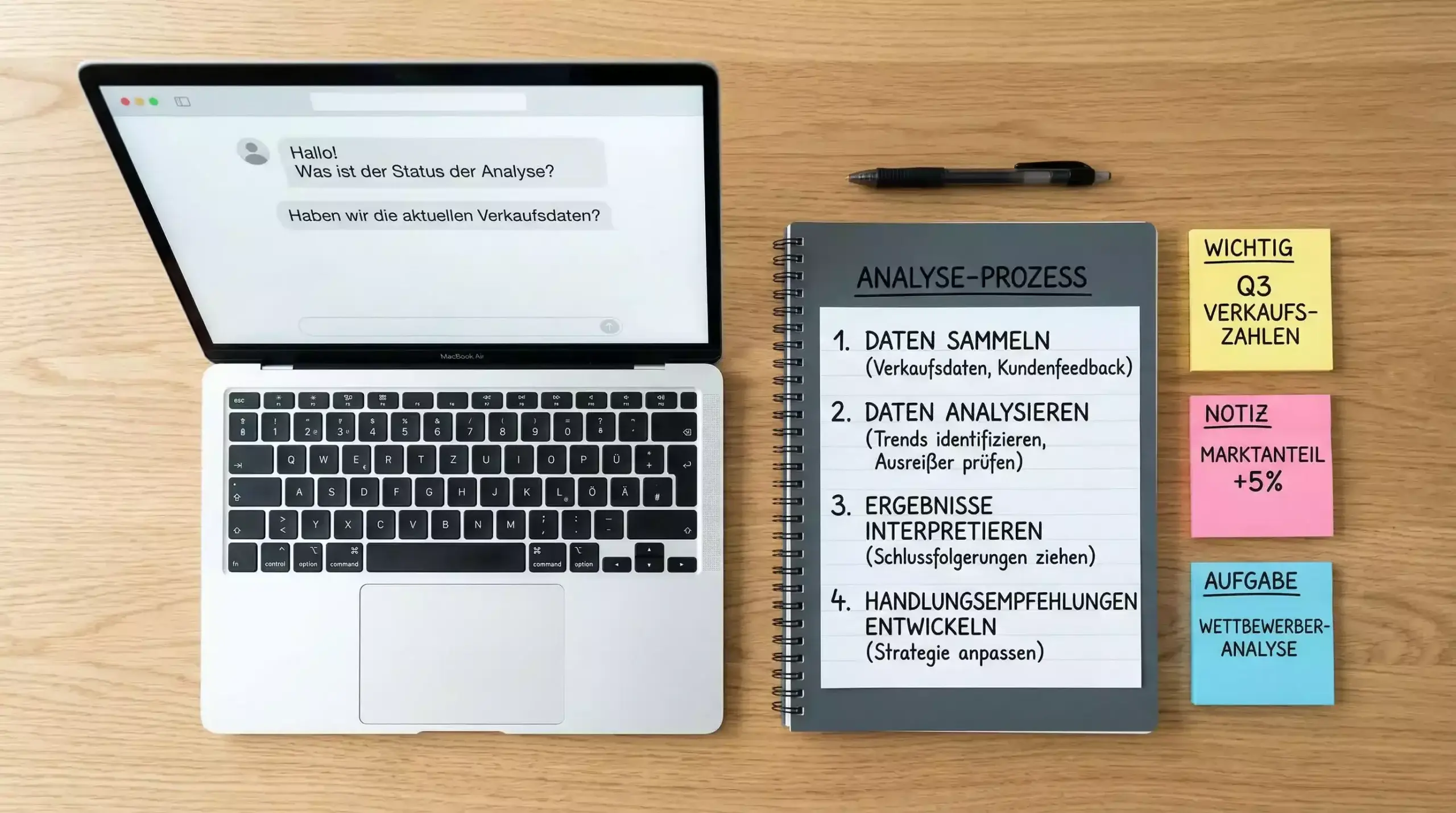 Strukturierter Arbeitsablauf mit Notizbuch und Laptop für systematische Wettanalyse