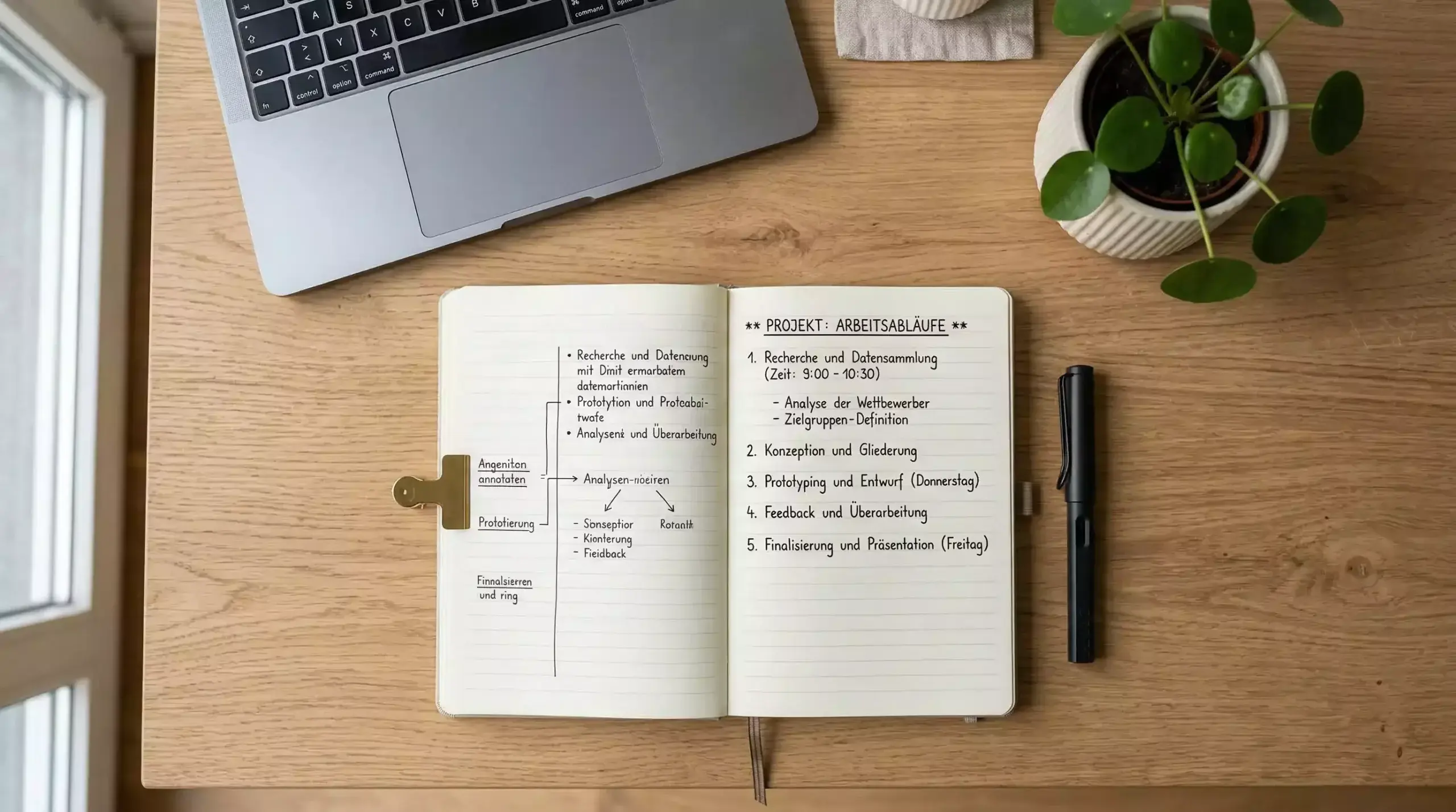 Übersichtlicher Schreibtisch mit Notizbuch, Stift und Laptop für strukturierte Wettanalyse