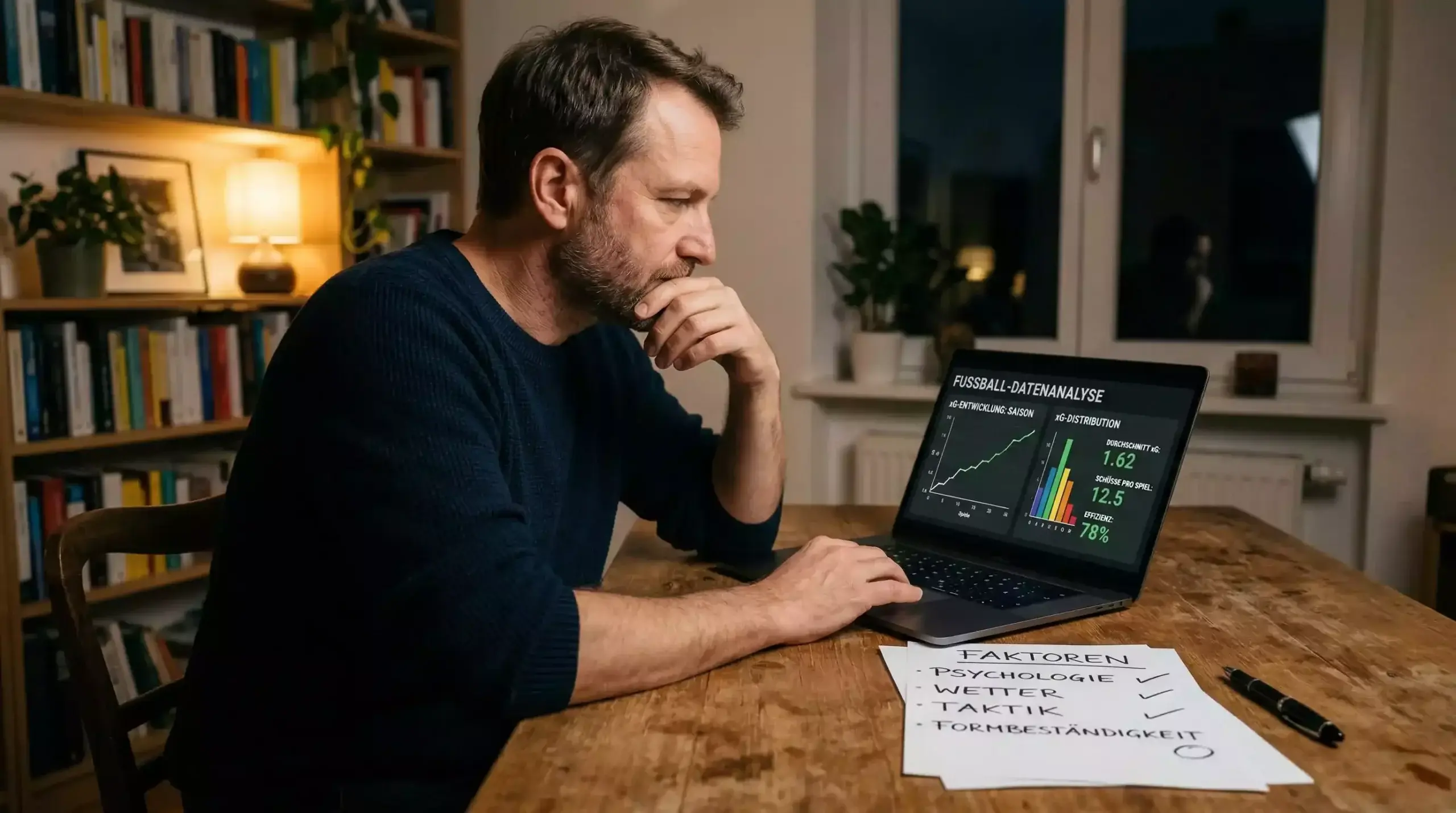 Person analysiert xG-Daten kritisch am Laptop mit Notizen zu Einschränkungen