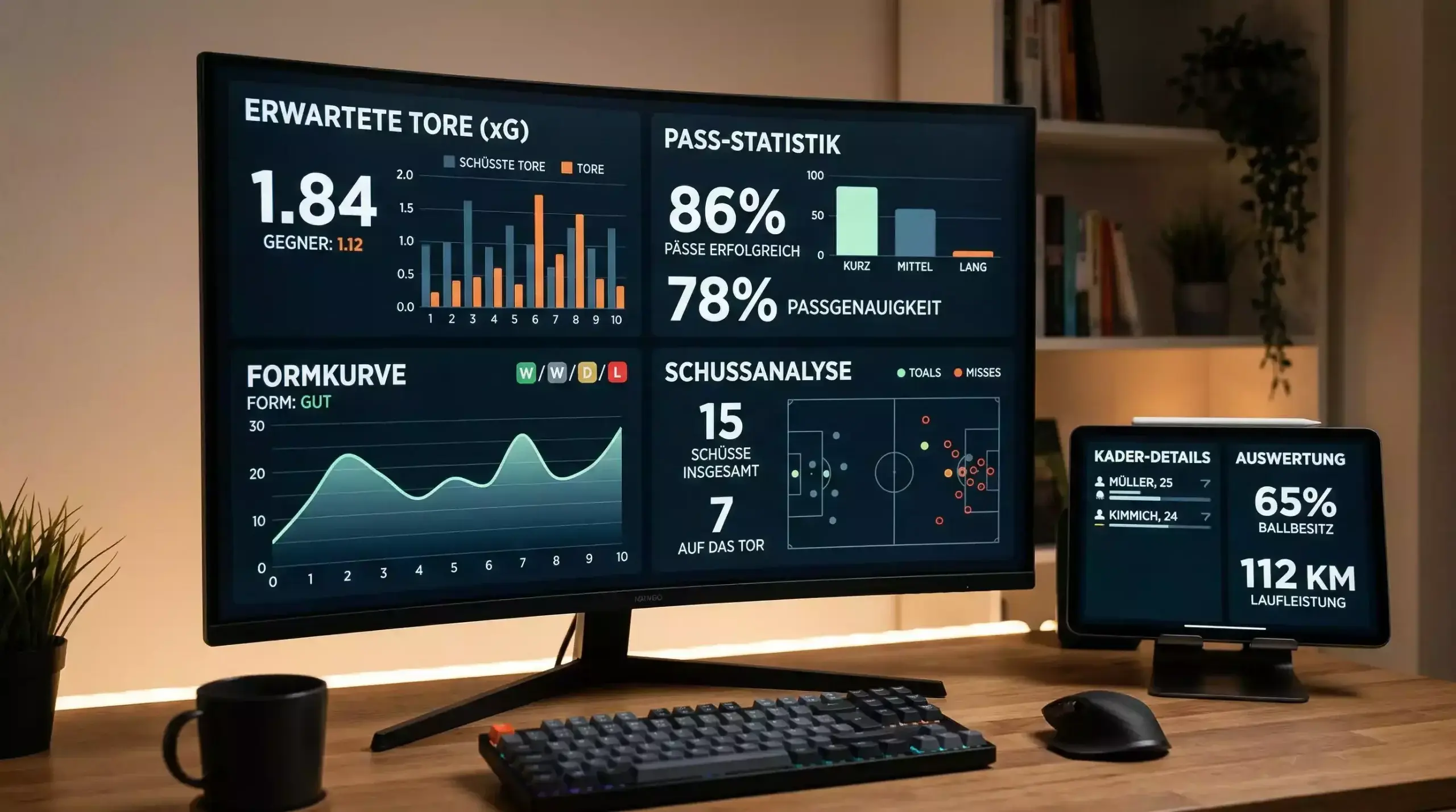 Dashboard mit verschiedenen Fußballstatistiken und xG-Daten für umfassende Analyse