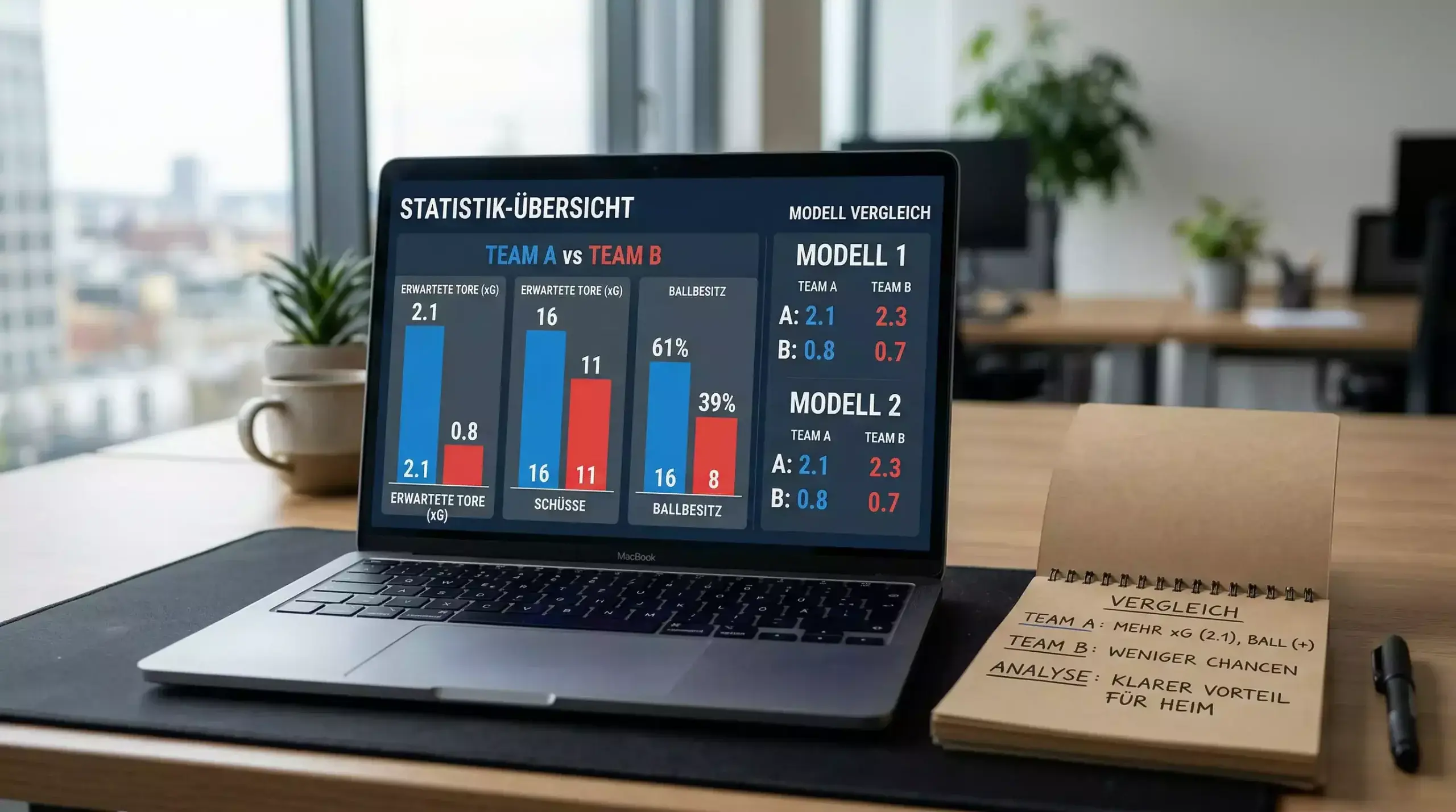Laptop-Bildschirm zeigt verschiedene xG-Statistiken und Datenvisualisierungen